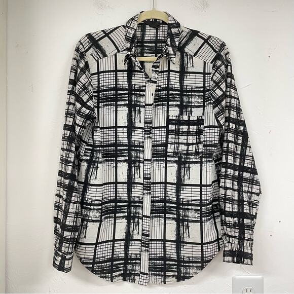 Topshop Black & White Mixed Plaid Button Down Shirt Womens 8 Long Sleeve Preppy - Picture 1 of 7